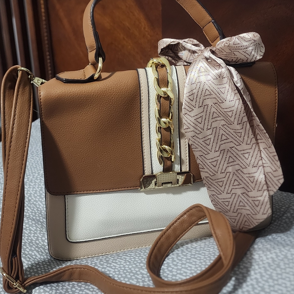 Elegant Brown and White Handbag with Gold Accents